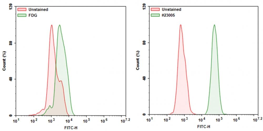 9L-LacZ cells&nbsp; were stained with DMSO or FDG or Xite&trade; beta-D-galactopyranoside for 30 minutes at 37C incubator, an then the cells were washed twice and scrapped using a scrapper with 1 mL HH buffer. Cells were collected and analyzed with flow cytometer using FITC channel.