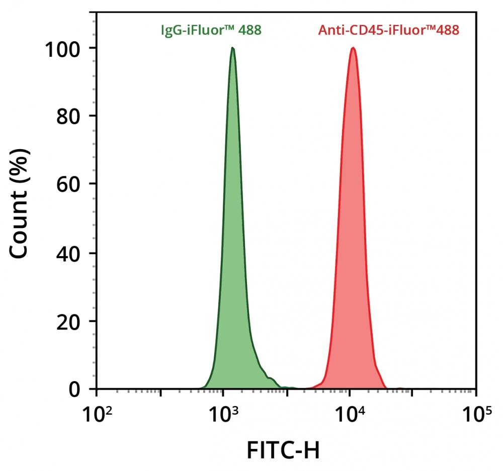 Expression of CD45 in differentiated HL-60 cells were quantified using an anti-CD45 antibody directly conjugated with iFluor® 488 using the ReadiLink&trade; Rapid iFluor 488 Antibody Labeling Kit (Cat No. 1255). HL-60 cells were treated with 1.25% DMSO for 4 days to differentiate. The live cells were incubated with 1 &micro;g/mL anti-CD45-iFluor® 488 or IgG-iFluor® 488 control and then analyzed on a NovoCyte flow cytometer.