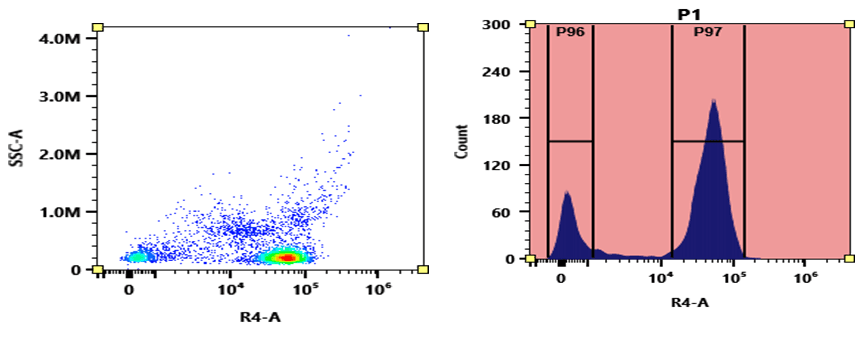 Flow cytometry analysis of PBMC stained with XFD700 anti-human CD3 *SK7* conjugate. The fluorescence signal was monitored using an Aurora spectral flow cytometer in the XFD700 specific R4-A channel. XFD700 is the same structure as Alexa Fluor® 700.