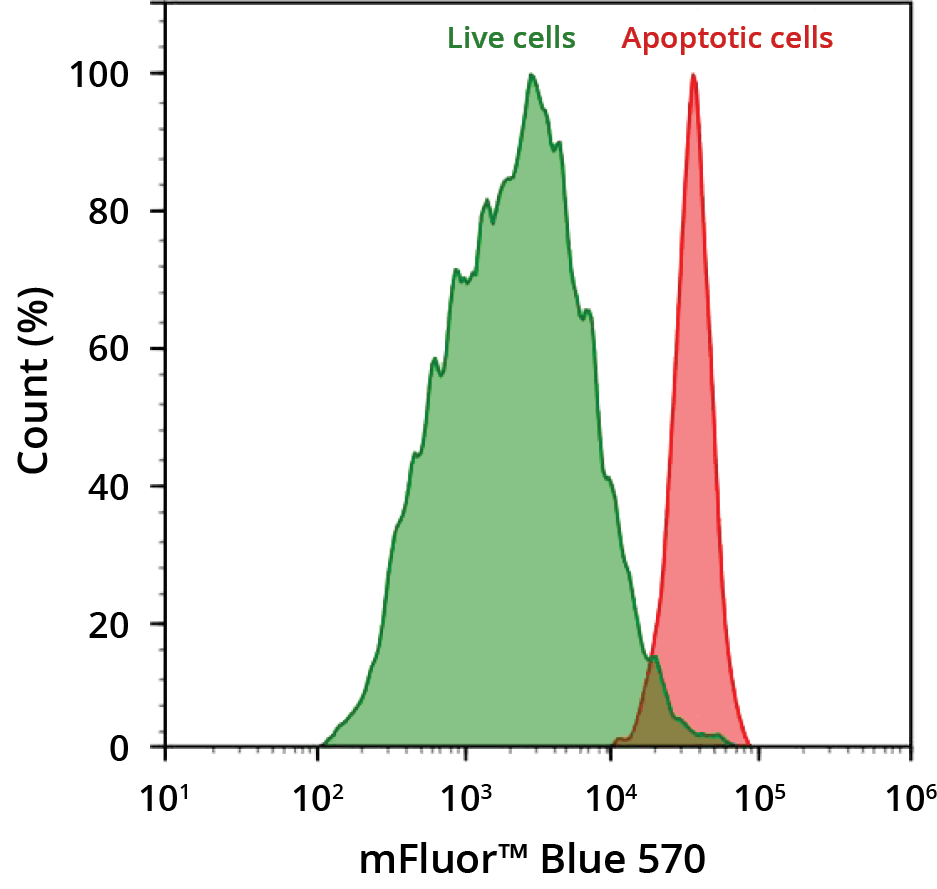 The detection of binding activity of Annexin V-mFluor™ Blue 570 to phosphatidylserine in Jurkat cells.