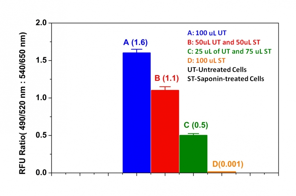 The Effect of Jurkat cells on Saponin induced cell death measured with Cell Meter™ Cell Viability Assay Kit. 