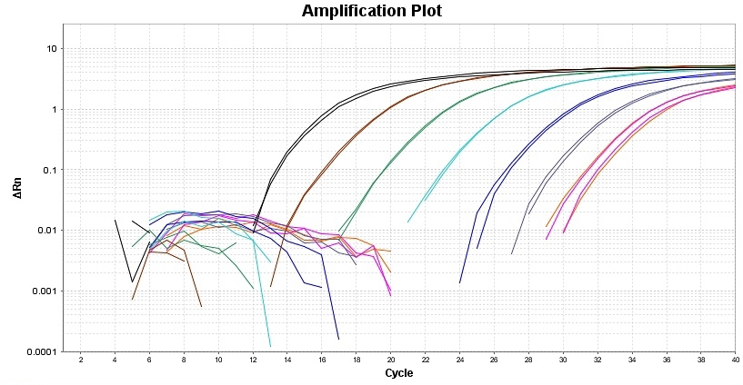 Quantitative PCR results targeting GAPDH with an input of 100 ng-0.00001 ng cDNA were performed using Helixyte™ Green *20X Aqueous PCR Solution*