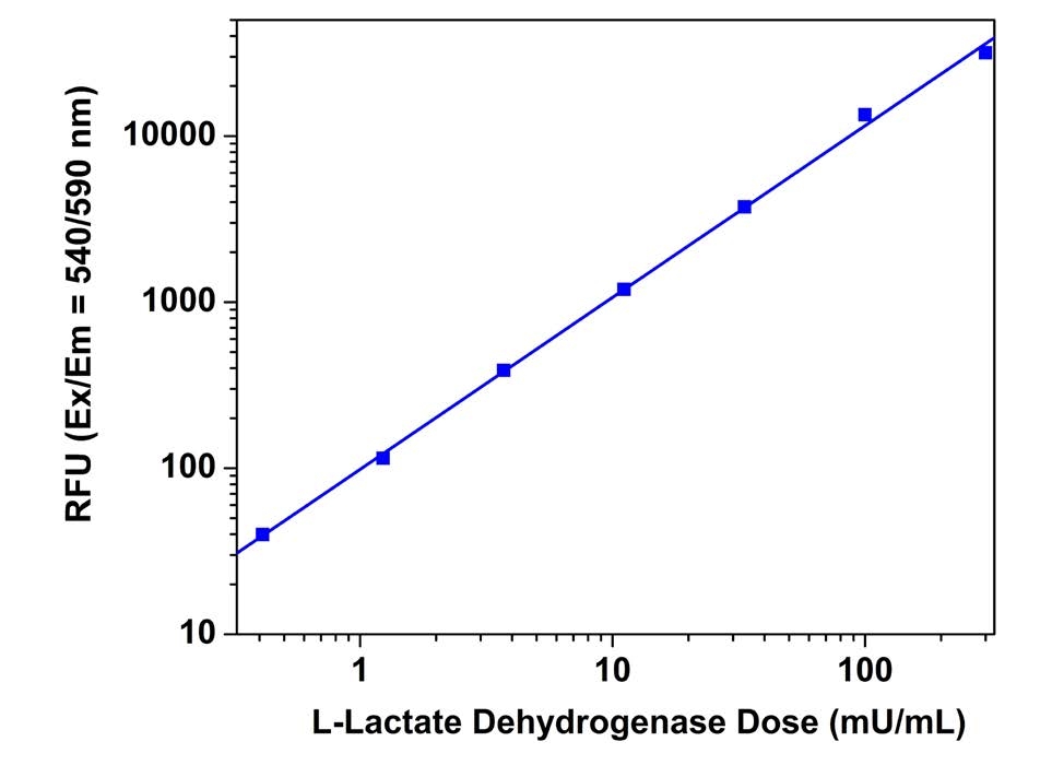L-LDH dose responses were measured with Amplite® Fluorimetric L-LDH Assay Kit in a 96-well black plate. As low as 1 mU/mL L-LDH in a 100 µL reaction volume can be detected with 30 minute incubation.