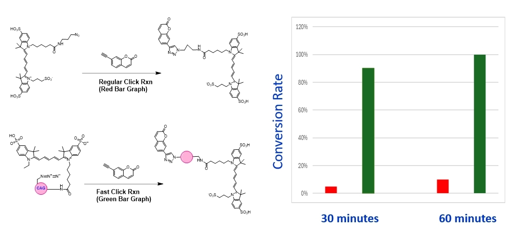 The reaction (Green Bar) of FastClick™ Cy5 Azide with coumarin alkyne occurs under extremely mild conditions (e.g., [Azide] = 0.02 mM, [Alkyne] = 0.02 mM, [CuSO4] = 0.02 mM, [Sodium Ascorbate] = 5 mM, in 100 mM HEPES) under which the common Cy5 azide does not effectively react with the coumarin alkyne substrate.
