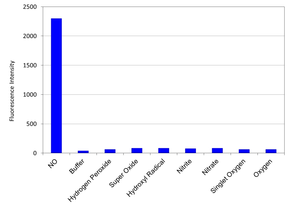 Fluorescence response of DAX-J2<sup>TM</sup> Red (2 uM) to different reactive oxygen species (1 mM) in PBS buffer (pH 7.2). The fluorescence intensities were measured with Ex/Em = 570/610 nm.
