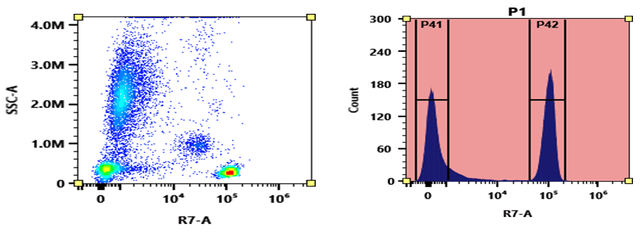 Flow cytometry analysis of whole blood stained with APC-XFD750 anti-human CD4 *SK3* conjugate. The fluorescence signal was monitored using an Aurora spectral flow cytometer in the APC-XFD750 specific R7-A channel. XFD750 is the same structure as Alexa Fluor® 750.