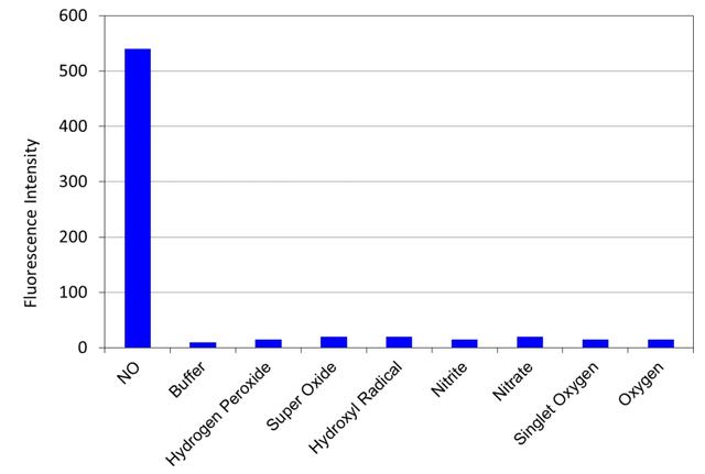 Fluorescence response of DAX-J2<sup>TM</sup> IR (1 uM) to different reactive oxygen species (1 mM) in PBS buffer (pH 7.2). The fluorescence intensities were measured with Ex/Em = 700/780 nm.
