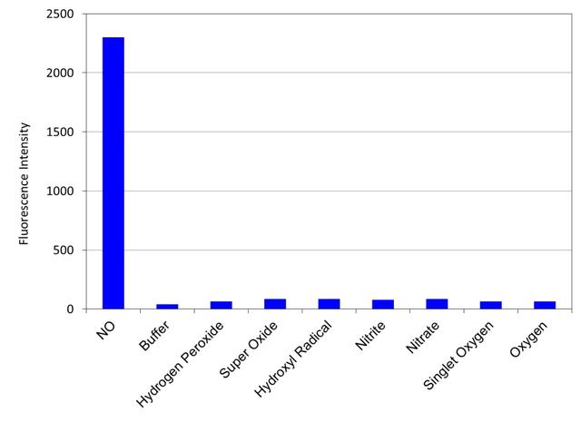 Fluorescence response of DAX-J2<sup>TM</sup> Red (2 uM) to different reactive oxygen species (1 mM) in PBS buffer (pH 7.2). The fluorescence intensities were measured with Ex/Em = 570/610 nm.