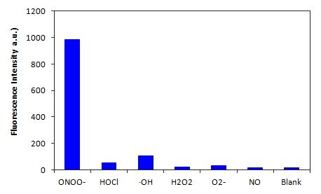 Fluorescence response of DAX-J2&trade; PON Green 99 to different reactive oxygen species. The fluorescence intensities were measured with Ex/Em = 490/530 nm.