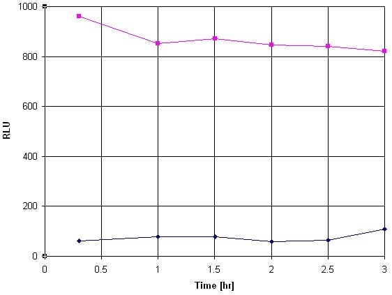 <p>Reaction Kinetics of CHO-V<sub>2</sub>R-Luc cells using Amplite® Luciferase Reporter Gene Assay Kit. CHO cells stably transfected with pCRE-luciferase gene and human Vasopressin receptor 2 (V<sub>2</sub>R) were plated into a 384-well white wall/clear bottom costar plate at 15,000 cells/well/25 µL. Cells then were treated with 100 nM of vasopressin in a 5% CO<sub>2</sub> incubator at 37 °C for 4 hours. 25 µL of luciferase assay solution was added into the well. The kinetic data was taken every 30 minutes for up to 3 hours with a NOVOstar plate reader (BMG Labtech). The vasopressin induced luciferase signal is stable for more than 3 hours.</p>