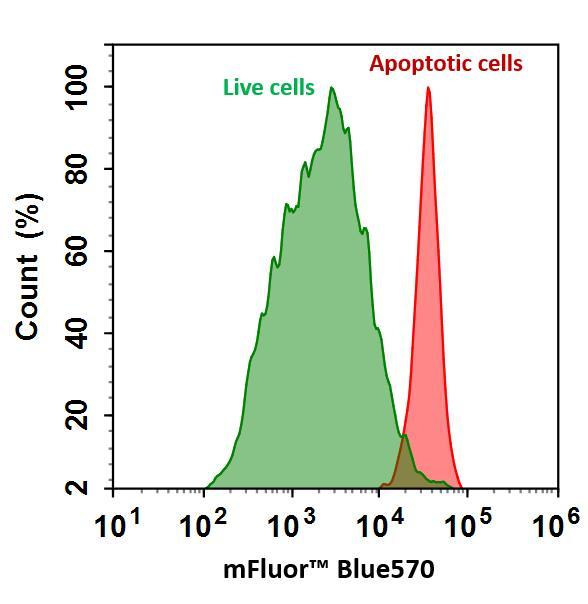 The detection of binding activity of Annexin V-mFluor&trade; Blue 570 to phosphatidylserine in Jurkat cells. Jurkat cells were treated without (Green) or with 1 &mu;M staurosporine (Red) at 37 &ordm;C for 4 hours, and then labeled with Annexin V-mFluor&trade; Blue 570 conjugate for 30 minutes.