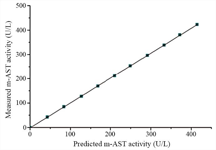 Linear correlation of predicted m-AST activity and measured m-AST activity: different concentrations of m-AST samples were prepared by mixing m-AST protein with c-AST protein in different proportions. The m-AST activities of each sample were tested with AAT Bioquest&rsquo;s m-AST reagent using a biochemistry platform.