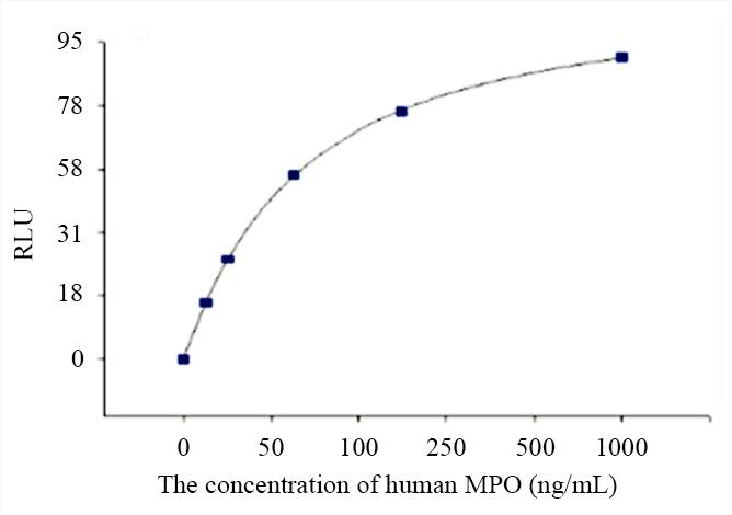 Calibration curve for MPO in chemiluminescent immunoassay (CLIA) using the best two-site MAb combination for&nbsp;the&nbsp;quantitative&nbsp;detection of MPO. A double monoclonal antibody sandwich method was used using Cat# V100095 (Clone 1) as capture antibodies and Cat# V100095 (Clone 2) labeled with horseradish peroxidase (HRP) as detection antibodies. The calibration curve between MPO concentration and relative light units&nbsp;was analyzed by four-parameter logistic (4PL) regression model (R<sup>2</sup>=0.9996).