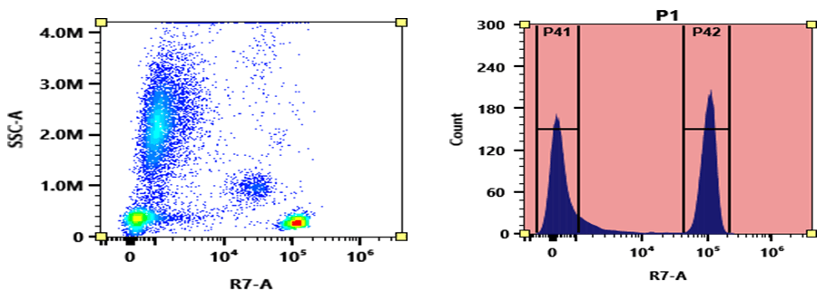 Flow cytometry analysis of whole blood stained with APC-XFD750 anti-human CD4 *SK3* conjugate. The fluorescence signal was monitored using an Aurora spectral flow cytometer in the APC-XFD750 specific R7-A channel. XFD750 is the same structure as Alexa Fluor® 750.