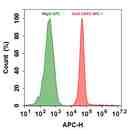 Flow cytometry analysis of HL-60 cells stained with 1ug/ml Mouse IgG-APC Control (Green) or with 1ug/ml Anti-Human CD45-APC (Red)  prepared with Buccutite™ Rapid APC Antibody Labeling Kit (Cat#1311). The fluorescence signal was monitored using ACEA NovoCyte flow cytometer in the APC channel.