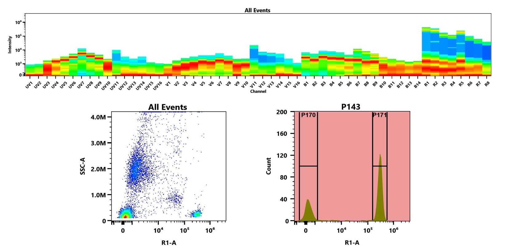 (Top) Spectral emission profiles generated using four spatially offset lasers (355 nm, 405 nm, 488 nm, and 640 nm). Each laser produced a distinct emission pattern, and their combination yielded the composite spectral signature. (Bottom) Flow cytometry analysis of human whole blood stained with Anti-human CD4 Antibody (SK3) labeled using Buccutite™ Rapid APC Antibody Labeling Kit (Cat. #5406). The fluorescence signal was monitored on a Cytek Aurora spectral flow cytometer in the R1-A channel, demonstrating clear detection of CD4⁺ cells.
