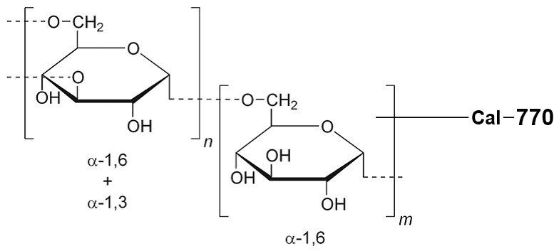 <p>Among the fluorescent red calcium indicator dextran conjugates, Cal-770 dextran conjugates might be a better choice than other red fluorescent dextrtan conjugates due to its longer fluorescence wavelength optimized for in vivo imaging. Cal-770™ is a near infrared (NIR) calcium indicator with maximum emission at ~775 nm. It is the only fluorescent calcium indicator with excitation and emission longer than 700 nm. Cal-770™ is one of the very few calcium indicators that can be potentially used for in vivo imaging since it has a NIR fluorescence.</p>