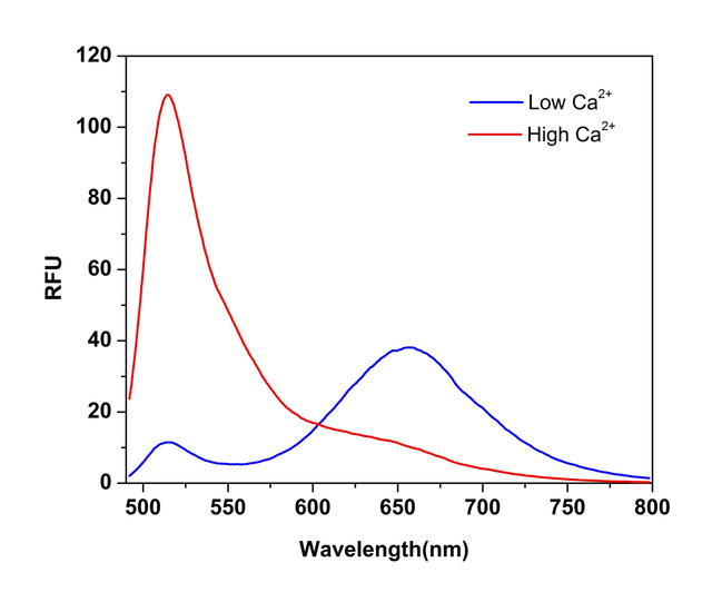 Fluorescence emission spectra of Cal Red™ R525/650 (calcium bound).