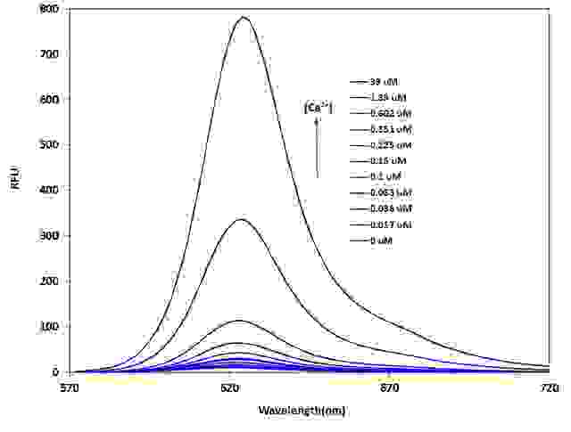 Fluorescence emission spectra of Calbryte™ 630 in solution containing 0 to 39 µM free Ca<sup>2+</sup>.