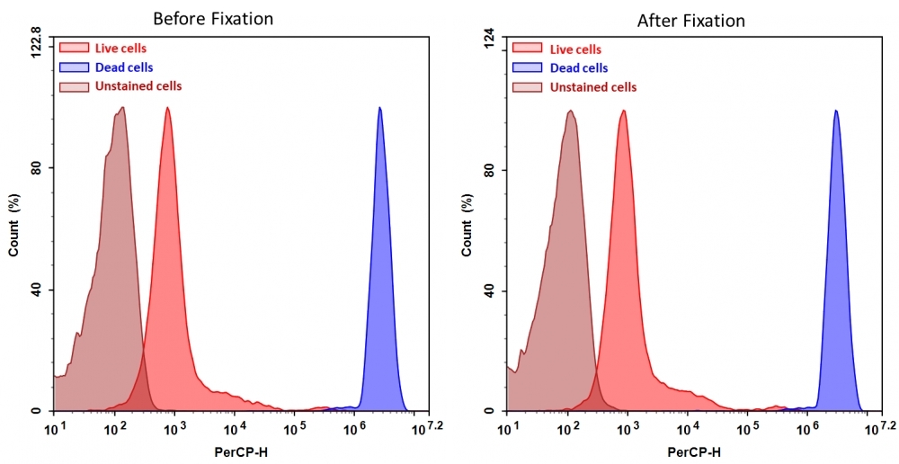 Detection of Jurkat cell viability by Cell Meter™ fixable viability dye. Jurkat cells were treated and stained with Cell Meter™ BX650 (Cat#22520), and then fixed in 3.7% formaldehyde and analyzed by flow cytometry.  The dead cell population (Blue peak)  is easily distinguished from the live cell population (Red peak)  with PerCP channel, and nearly identical results were obtained before and after fixation.