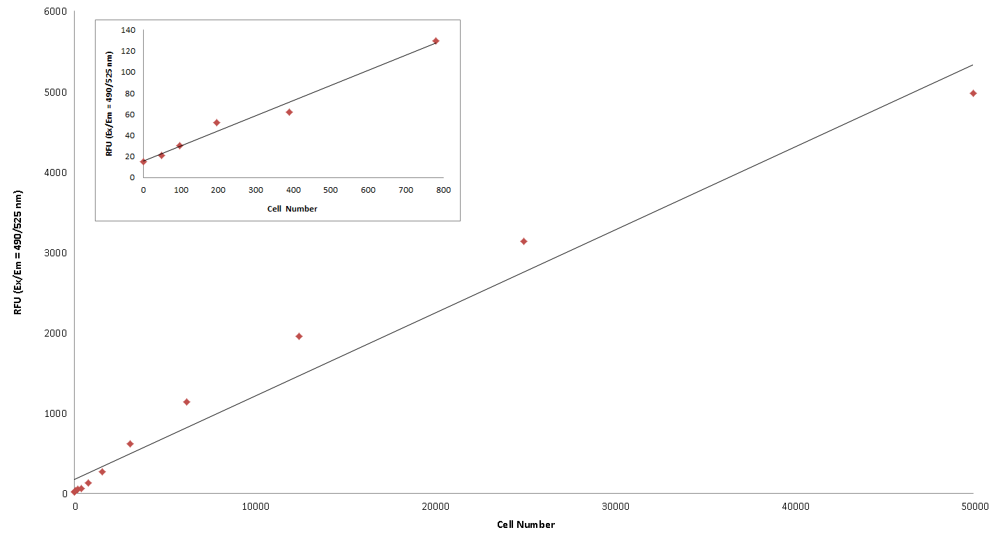Quantification of HeLa cells using Cell Meter™ Cell Proliferation Assay kit. The linear range of cells from 50 to 50,000 HeLa cells was plated and assay was performed as per protocol. The insert shows the linearity that can be obtained at very low number of cells.