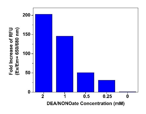 Detection of exogenous nitric oxide (NO) in cells upon DEA/NONOate treatment (NO donor) using Cell Meter&trade; Fluorimetric Intracellular Nitric Oxide Activity Assay Kit (Cat#16359). CHO-K1 cells were incubated with Nitrixyte&trade; NIR working solution at 37 &ordm;C for 30 minutes. The working solution was removed to stop the staining. The cells were further treated with or without DEA/NONOate at various concentration (0.25-2 mM) in HBSS with 1 mM HEPES (pH=6.2) buffer at 37 &ordm;C for 30 minutes. The solution in each well was removed, and Assay Buffer II was added before fluorescence measurement. The fluorescence signal was monitored at Ex/Em = 650/680 nm (cut off = 665 nm) with bottom read mode using a FlexStation microplate reader.