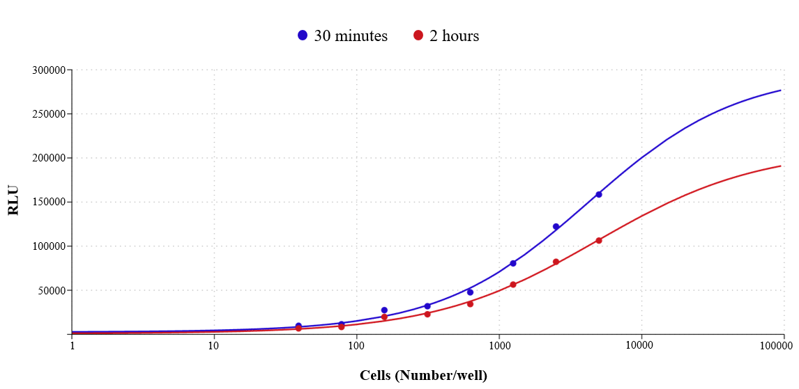 Luminescent response of 3D-cultured HeLa cells measured using the Cell Meter Glow™ 3D Viability Assay Kit. HeLa cells were plated as a 2-fold serial dilution in Greiner LUMITRAC™ 200 96-well microplates and luminescence was measured using a CLARIOstar plate reader (BMG LABTECH) after 15 minutes and 2 hours of incubation. The assay detected as few as 39 cells under the tested conditions. Luminescence increased with cell number and the response curves were fitted using a four-parameter logistic (4PL) model. Signal was retained for at least 2 hours under the assay conditions.