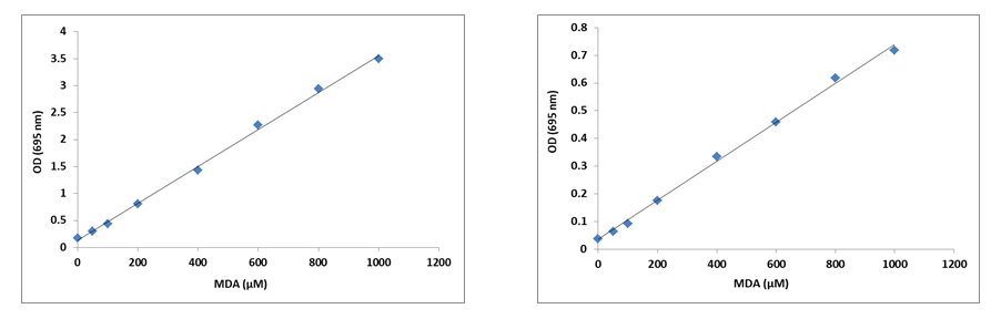 MDA dose response was measured with Amplite® Colorimetric Lipid Peroxidation (MDA) Quantitation Kit on a 96-well clear bottom microplate using a SpectraMax microplate reader (Molecular Devices). (Pathcheck on (Left image); Pathcheck off (Right image))