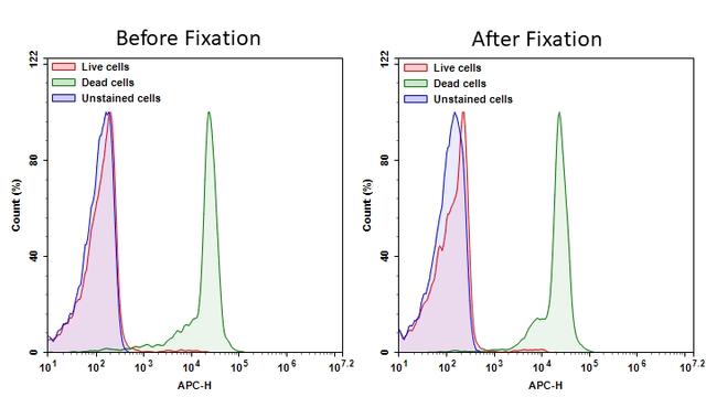 Detection of Jurkat cell viability by Cell Meter™ fixable viability dye. Jurkat cells were treated and stained with Cell Meter™ RX700 (Cat#22532), and then fixed in 3.7% formaldehyde and analyzed by flow cytometry.  The dead cell population (Green peak)  is easily distinguished from the live cell population (Red peak)  with APC channel, and nearly identical results were obtained before and after fixation.