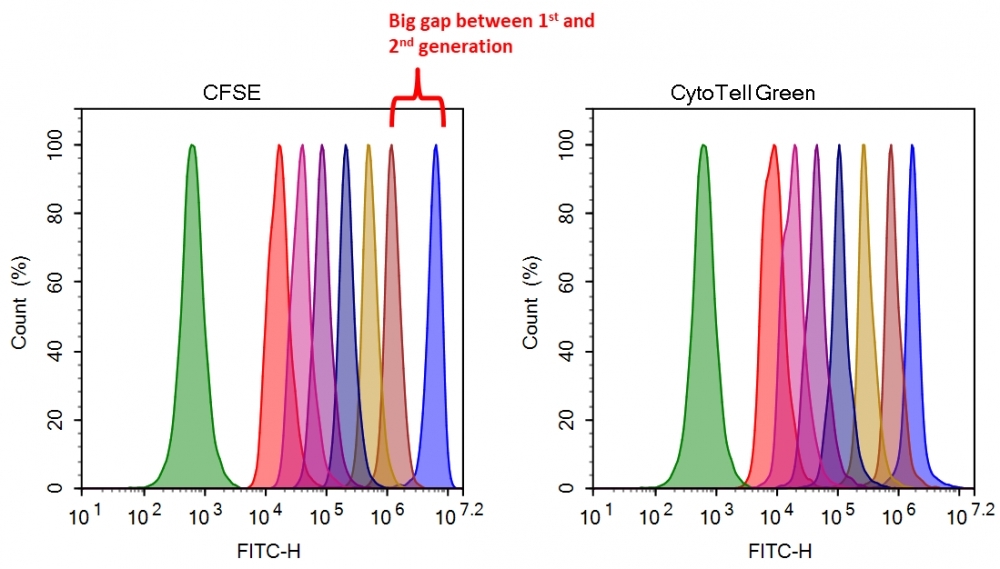 Cell proliferation assay with CytoTell™ Green and CFSE. Jurkat cells (~2×10<sup>6</sup> cells/mL) were stained with CytoTell™ Green or CFSE on Day 0. The cells were passed serially at 1:1 ratio on the day specified. Fluorescence intensity was measured with ACEA NovoCyte 3000 flow cytometer in FITC channel on the day of passage. Successive generations were represented by different colors.