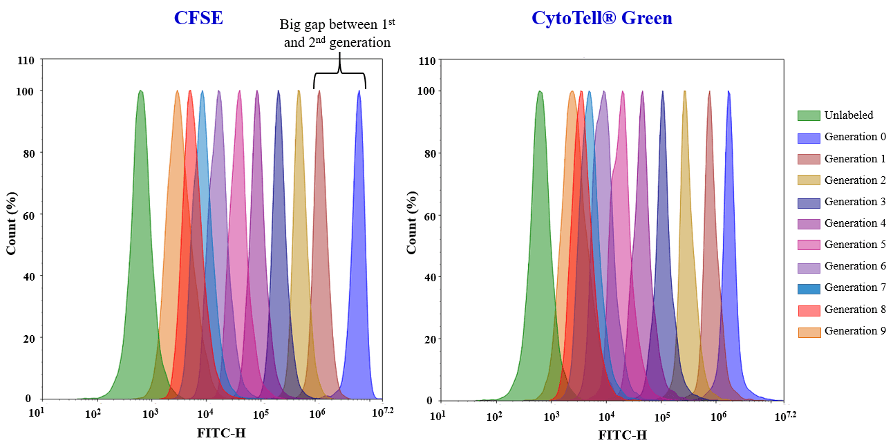 Cell proliferation analysis of Jurkat cells stained with CytoTell™ Green or CFSE. Cells were labeled on Day 0 and serially passaged at a 1:1 ratio for 9 days. The fluorescence intensity of each cell generation was monitored using an ACEA NovoCyte 3000 flow cytometer in the FITC channel. Successive cell generations are represented by different colors.
