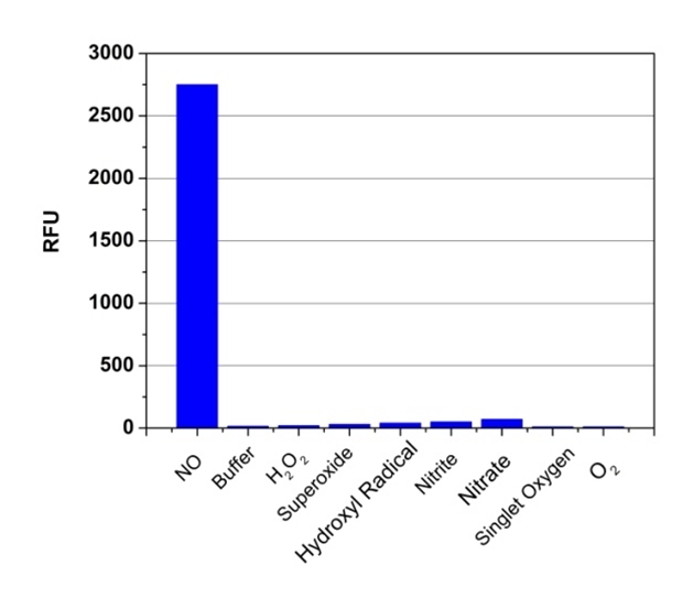 Fluorescence response of DAX-J2<sup>TM</sup> Orange (5 uM) to different reactive oxygen species (1 mM) in PBS buffer (pH 7.2). The fluorescence intensities were measured with Ex/Em = 540/570 nm.