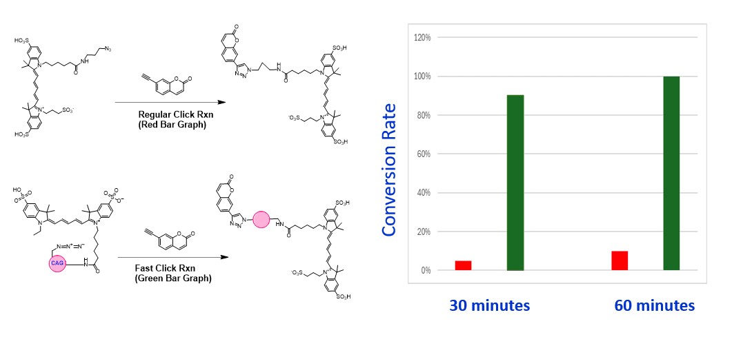 The reaction (Green Bar) of FastClick Cy5 Azide with coumarin alkyne occurs under extremely mild conditions (e.g., [Azide] = 0.02 mM, [Alkyne] = 0.02 mM, [CuSO4] = 0.02 mM, [Sodium Ascorbate] = 5 mM, in 100 mM HEPES) under which the common Cy5 azide does not effectively react with the coumarin alkyne substrate.
