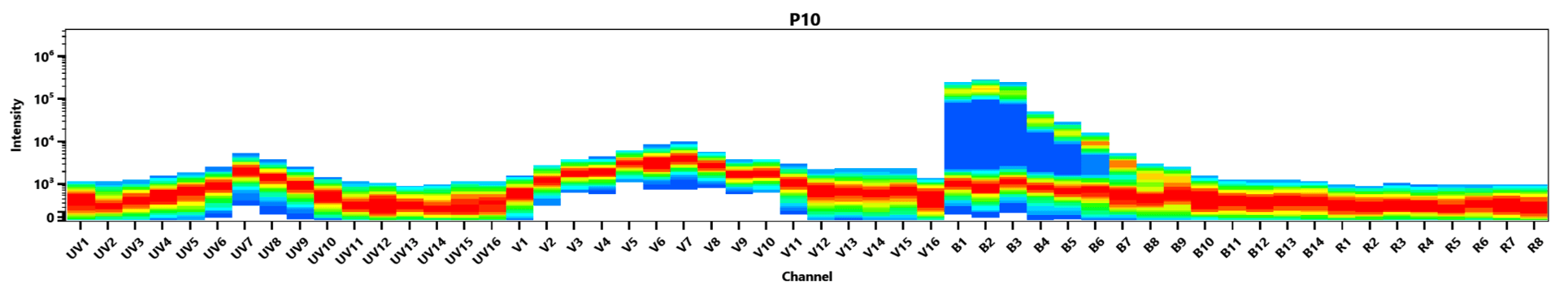 Spectral signature of iFluor® 488 dye. Data acquired on a 4-laser Cytek Aurora and normal human peripheral blood cells stained with clone SK3 (CD4) conjugated to iFluor® 488 dye (Cat. No. 10042050) were used for analysis.