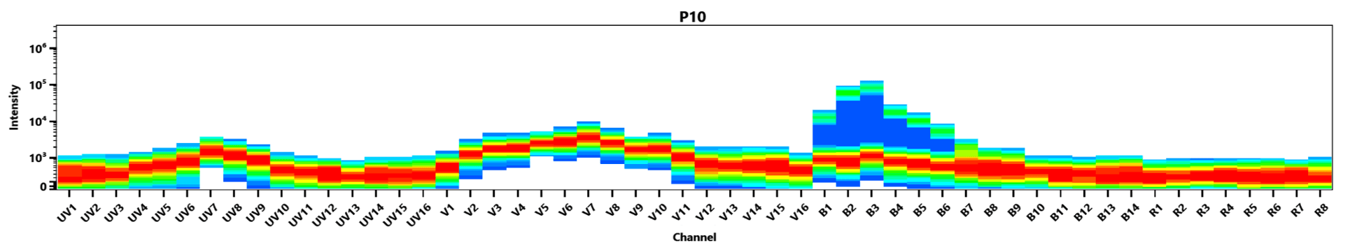 Spectral signature of iFluor® 514 dye. Data acquired on a 4-laser Cytek Aurora and normal human peripheral blood cells stained with clone SK3 (CD4) conjugated to iFluor® 514 dye (Cat. No. 10042060) were used for analysis.