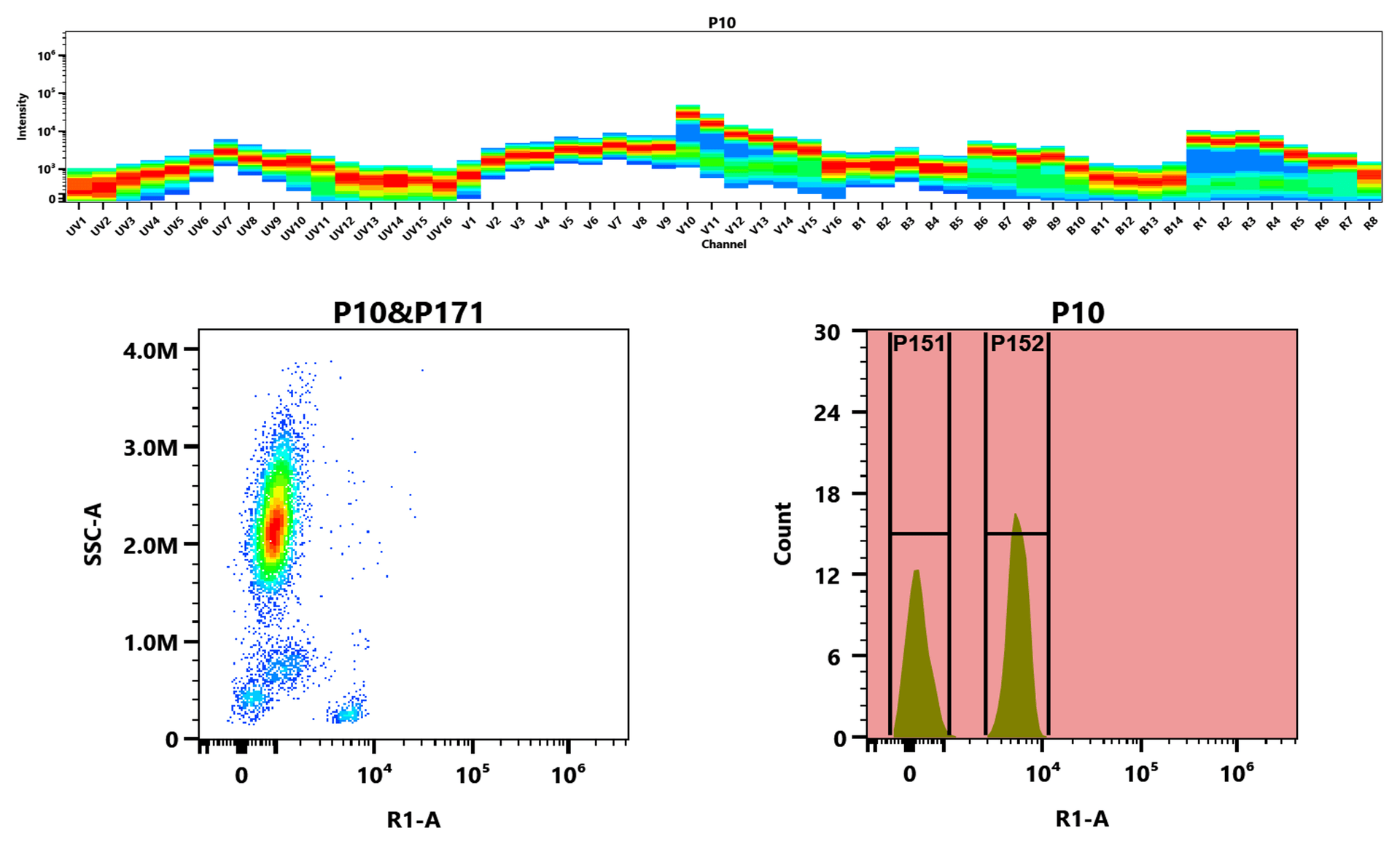 Top) The Spectral pattern was generated using a 4-laser spectral cytometer. Four spatially offset lasers (355 nm, 405 nm, 488 nm, and 640 nm) were used to create four distinct emission profiles, which, when combined, yielded the overall spectral signature. Bottom) Flow cytometry analysis of whole blood stained with iFluor® 610 anti-human CD4 *SK3* conjugate. The fluorescence signal was monitored using an Aurora spectral flow cytometer in the iFluor® 610 R1-A channel.