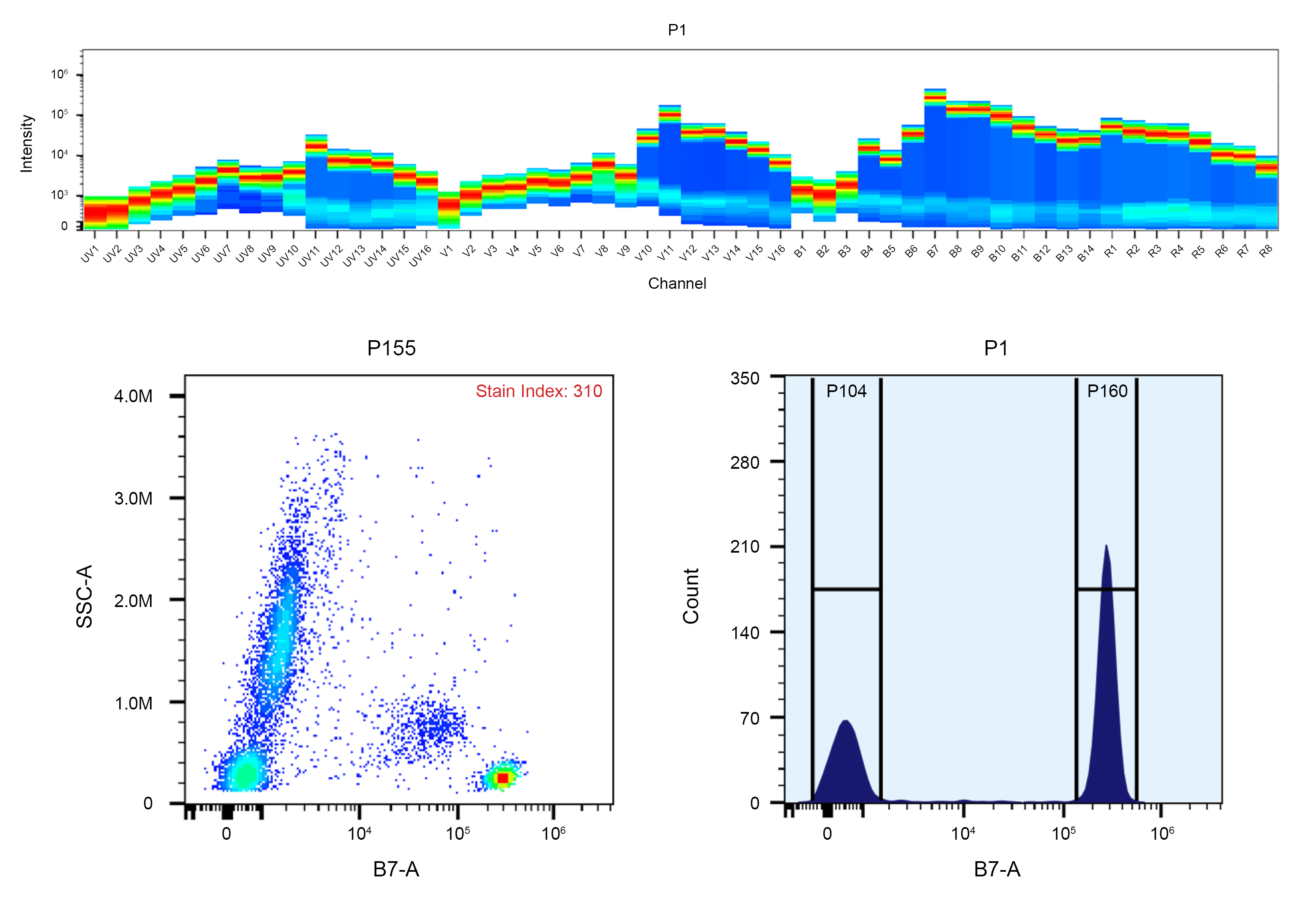 Top) Spectral pattern was generated using a 4-laser spectral cytometer. Spatially offset lasers (355 nm, 405 nm, 488 nm, and 640 nm) were used to create four distinct emission profiles, then, when combined, yielded the overall spectral signature. Bottom) Flow cytometry analysis of whole blood stained with PE/iFlour® 625 anti-human CD4 *SK3* conjugate. The fluorescence signal was monitored using an Aurora spectral flow cytometer in the B7-A channel.
