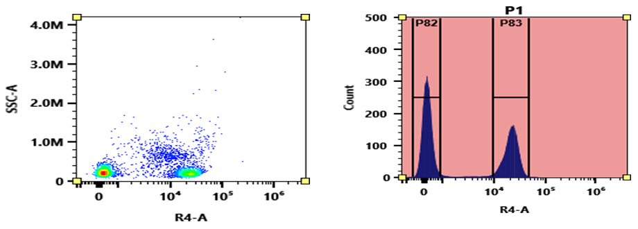 Flow cytometry analysis of PBMC stained with iFluor® 680 anti-human CD4 *SK3* conjugate. The fluorescence signal was monitored using an Aurora spectral flow cytometer in the iFluor® 680 specific R4-A channel.