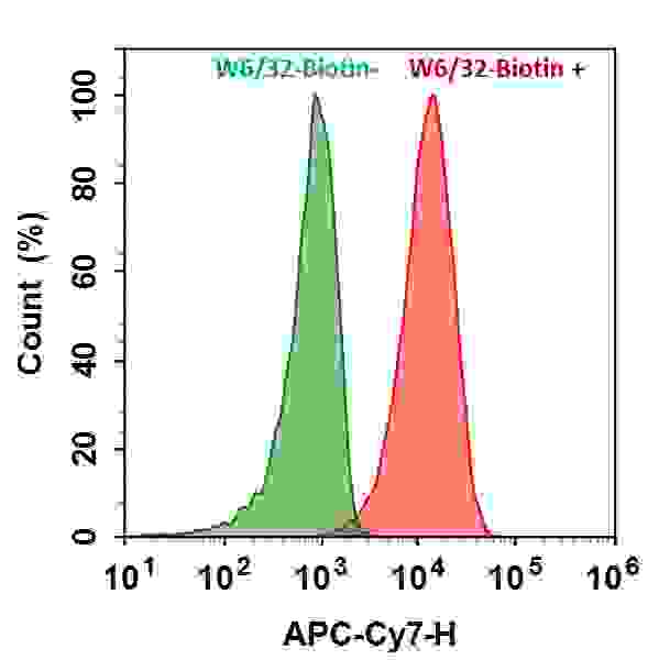 HL-60 cells were incubated with (Red, +) or without (Green, -) mouse Anti-Human HLA-ABC Biotin (W6/32-Biotin) followed by iFluor™ 750-streptavidin conjugate. The fluorescence signal was monitored using ACEA NovoCyte flow cytometer in APC-C7 channel.