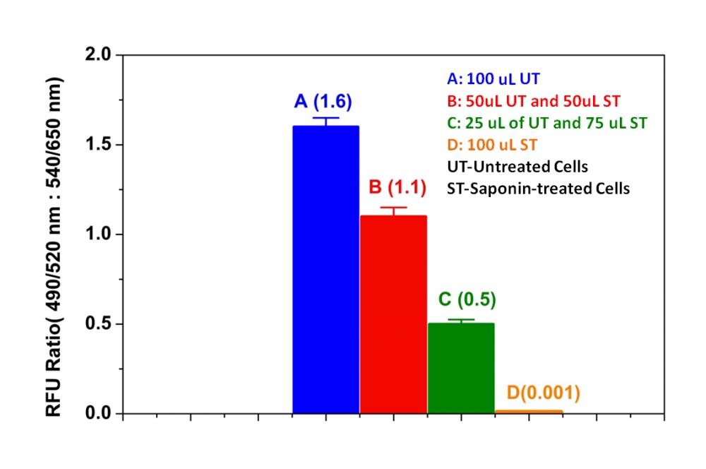 The Effect of Jurkat cells on Saponin induced cell death measured with Cell Meter&trade; Cell Viability Assay Kit. Jurkat cells at&nbsp;2 x10<sup>6</sup> cells/mL were treated with or without 0.5% Saponin for 5 minutes. Cells were centrifuged and the supernatant were replaced with fresh medium. 100 uL of untreated cells (A), 50 uL each of untreated and treated cells (B), 25 uL of untreated and 75 uL treated cells (C), and 100 uL of 0.5% saponin treated cells (D) were plated in a 96-well black wall/clear bottom Poly-D-lysine plate. The cells were incubated with 100 &micro;L/well of CytoCalcein&trade; Green/ Propidium Iodide dye-working solution for 1 hr at 37 &deg;C. The fluorescence intensity was measured at Ex/Em = 490/525 nm and 540/650 nm with bottom read mode using NOVOstar instrument (BMG Labtech). The ratio of 490/525 nm to 540/650 nm fluorescence intensity on live and dead cells were showed as indicated (n=6).<br>&nbsp;<br>&nbsp;