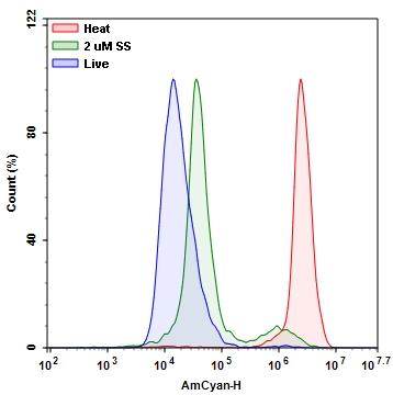 Detection of Jurkat cell viability by Live or Dead™ Fixable Dead Cell Staining Kits (Cat# 22501). Jurkat cells were treated and stained with Stain It™ V510, and then fixed in 3.7% formaldehyde and analyzed by flow cytometry. Live (Blue), staurosporine treated (Green) and heat-treated (Red) cells were distinguished with AmCyan channel.