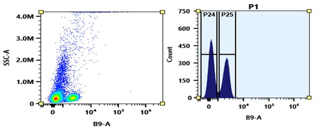 Flow cytometry analysis of whole blood stained with mFluor™ Blue 660 anti-human CD4 *SK3* conjugate. The fluorescence signal was monitored using an Aurora flow cytometer in the mFluor™ Blue 660 specific B9-A channel.