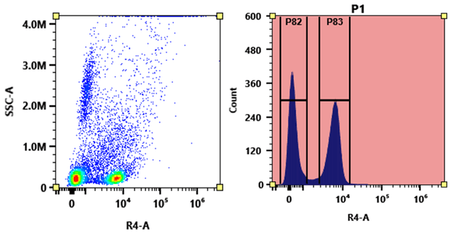 Flow cytometry analysis of whole blood stained with mFluor™ Red 700 anti-human CD4 *SK3* conjugate. The fluorescence signal was monitored using an Aurora flow cytometer in the mFluor™ Red 700 specific R4-A channel.