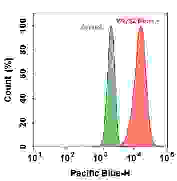 Flow cytometry analysis of HL-60 cells stained with(Red) or without (Green) 1ug/ml Anti-Human HLA-ABC-Biotin and then followed by mFluor™ Violet 450-streptavidin conjugate (Cat#16930). The fluorescence signal was monitored using ACEA NovoCyte flow cytometer in the Pacific Blue channel.
