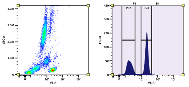Flow cytometry analysis of whole blood cells stained with PacOrange anti-human CD4 antibody (Clone: SK3). The fluorescence signal was monitored using an Aurora spectral flow cytometer in the PacOrange specific V8-A channel.