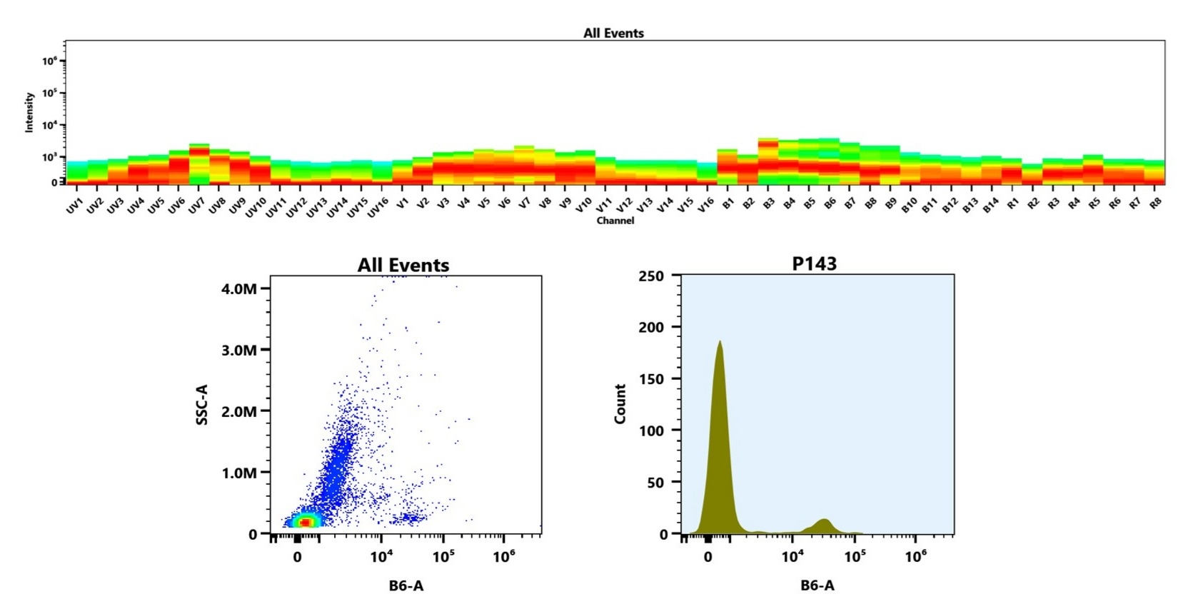 (Top) Spectral emission profiles generated using four spatially offset lasers (355 nm, 405 nm, 488 nm, and 640 nm). Each laser produced a distinct emission pattern, and their combination yielded the composite spectral signature. (Bottom) Flow cytometry analysis of human whole blood stained stained with PE/iFluor® 594 Anti-human CD19 Antibody (HIB19) (Cat. #101921Y0). The fluorescence signal was monitored on a Cytek Aurora spectral flow cytometer in the B6-A channel, demonstrating clear detection of CD19⁺ cells.
