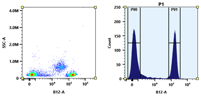 Flow cytometry analysis of whole blood cells stained with PE-iFluor® 720 anti-human CD4 *SK3* conjugate. The fluorescence signal was monitored using an Aurora flow cytometer in the PE-iFluor® 720 specific B12-A channel.