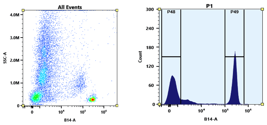 Flow cytometry analysis of PBMC stained with PE-iFluor® 780 anti-human CD4 *SK3* conjugate. The fluorescence signal was monitored using an Aurora spectral flow cytometer in the PE-iFluor® 780 specific B14-A channel.