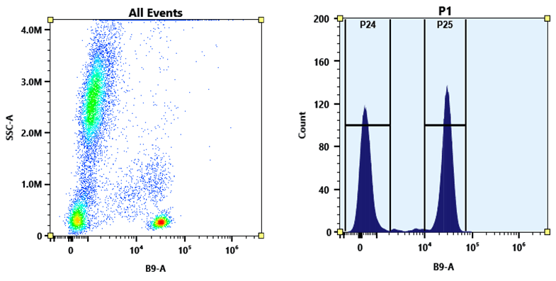 Flow cytometry analysis of whole blood stained with PerCP-Cy5.5 anti-human CD4 *SK3* conjugate. The fluorescence signal was monitored using an Aurora spectral flow cytometer in the PerCP-Cy5.5 specific B9-A channel.