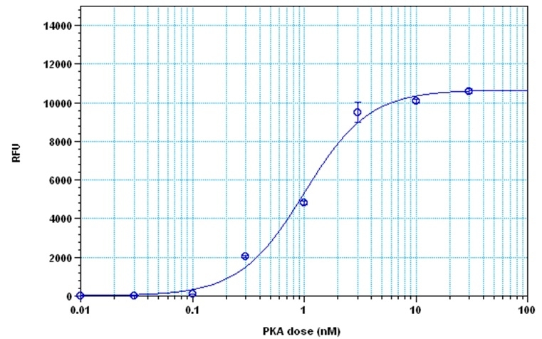 <p>The detection of protein kinase A with PhosphoWorks™ Fluorimetric ADP Assay Kit. The kinase was incubated in the presence of ATP and kemptide peptide substrate for 30 minutes, and ADP generation was detected after 30 minutes incubation using the Amplite® Fluorimetric Kinase Assay Kit.</p>
